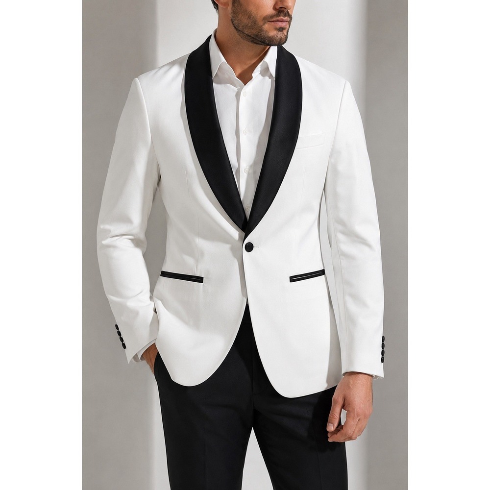 COOFANDY Mens White Tuxedo Jacket Black Shawl Lapel One Button Formal Size M